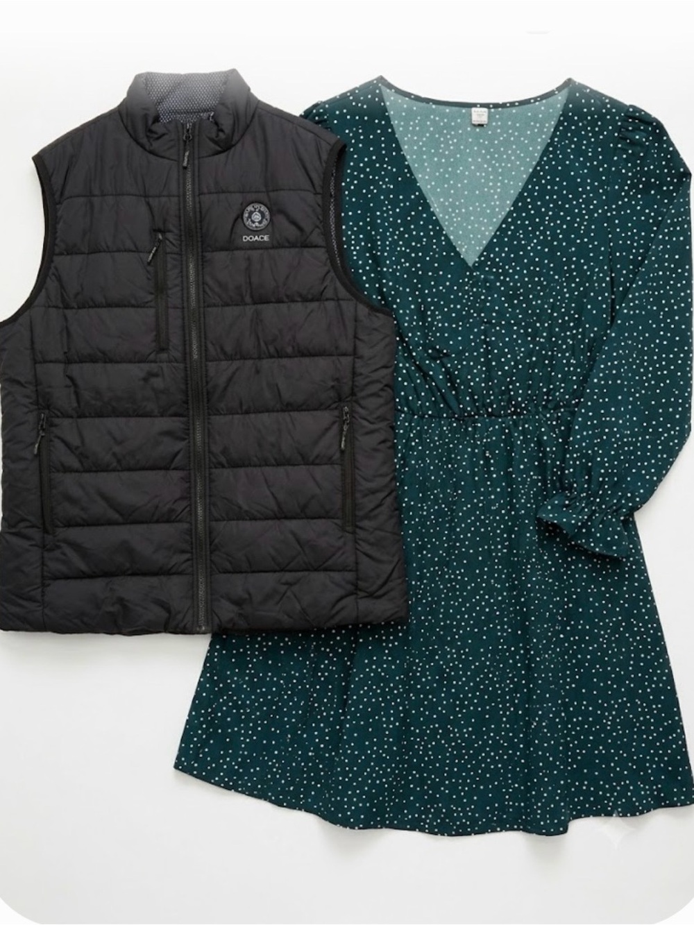 Doace Black Quilted Vest NWOT and Navy Blue and white NWOT mid  length dress.